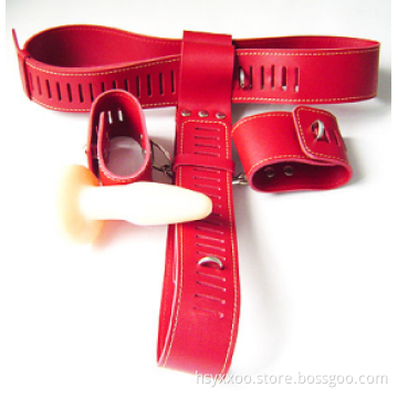 Leather Bondage Restraint Harness With Vibrator Anal Plug Panties Butt Plug and thigh cuff ,Male Chastity Device Underwear